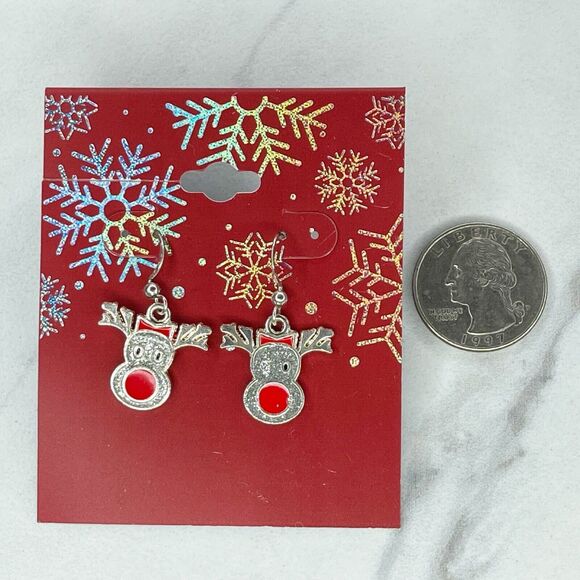 Glitter Rudolph Reindeer Christmas Dangle Earrings Pierced Pair - Picture 2 of 7